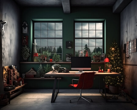 Festive winter interior. Christmas tree, table with blank computer screen. Christmas tree, gifts. Dark background. Geek's room interior.  Generative AI