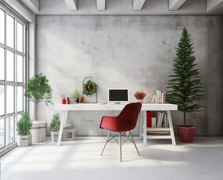 Christmas tree, table with blank computer screen. Christmas tree, gifts. Dark background. Winter forest outdide. Green and red details. Concrete wall. Scandinavian design.  Generative AI