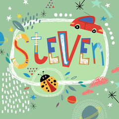 Bright card with beautiful name Steven in planets, car and simple forms. Awesome male name design in bright colors. Tremendous vector background for fabulous designs