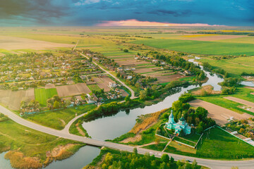 Aerial View Of Old Wooden Orthodox Church Of The Holy Trinity At Sunny Summer Day.
