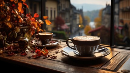 Cozy Coffee Setting with Greenery and Wooden Furniture