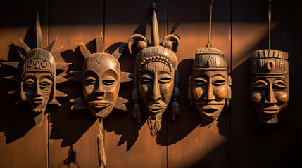 African Tribal Masks with carved details displayed against a wall.