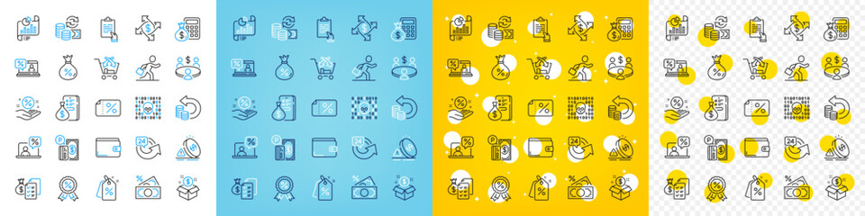 Vector icons set of Clipboard, Loan percent and Accounting wealth line icons pack for web with Payment exchange, Report document, Online tax outline icon. Discount medal, Money wallet. Vector