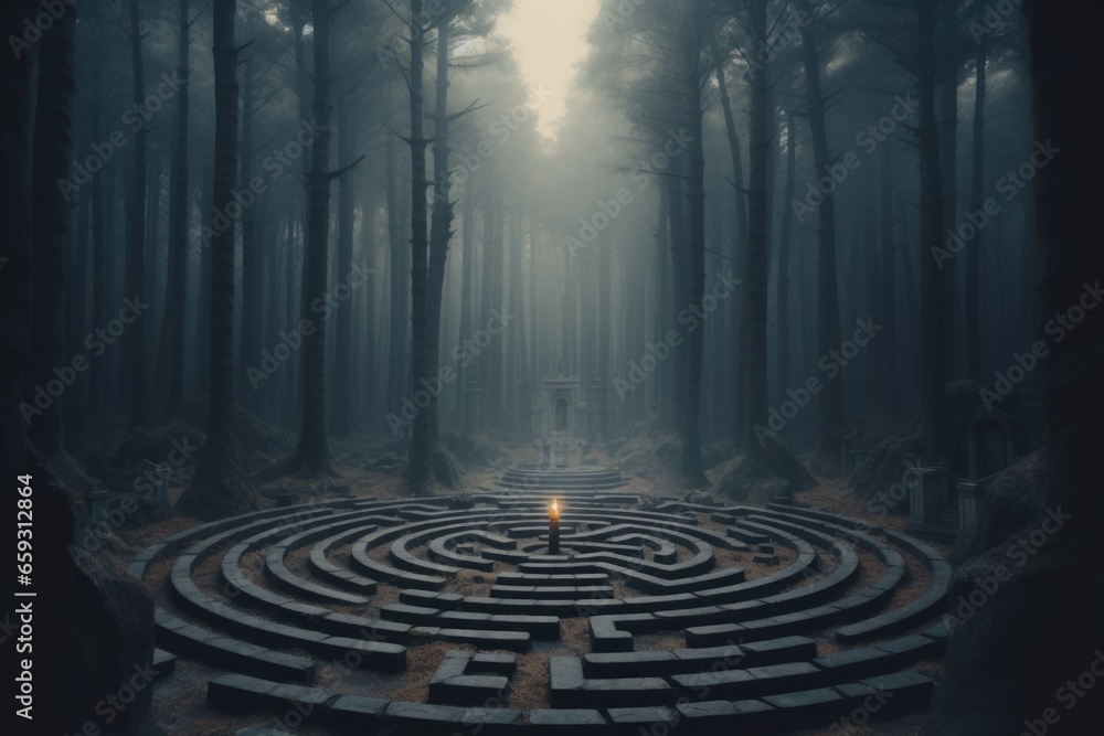 Canvas Prints A maze in the woods with a light in the middle, AI