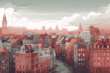 Cityscape with buildings in red and gray tones. Generative AI