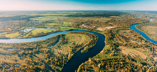 Panorama Aerial View Green Forest Woods And River Landscape In Sunny Spring Summer Day. Top View Of Nature, Bird's Eye View. Trees Standing In Water During Spring Flood floodwaters. woods in Water