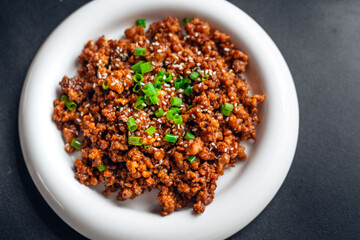 Homemade minced pork stir-fried with soy sauce and fried egg curry