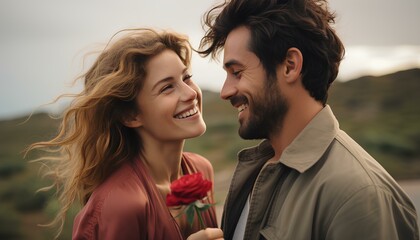 Couple on Valentine's Day. Man giving woman flowers on Valentine's Day. Man and Woman wedding.. Man and woman celebrating Valentine's Day together. Couple Wedding Photography