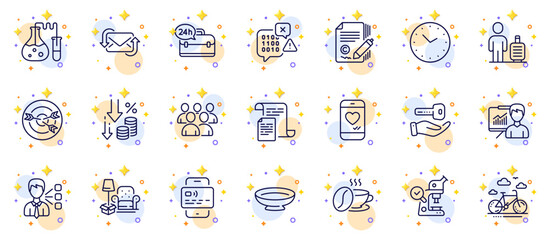 Fototapeta na wymiar Outline set of Documents, Presentation and Deflation line icons for web app. Include Baggage, Dish, 24h service pictogram icons. Card, Group, Time signs. Third party, Buying house, Love chat. Vector