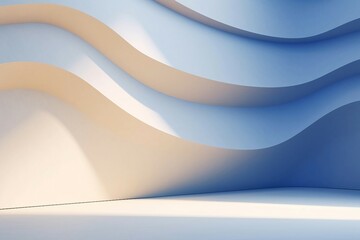 抽象背景バナー。青い影がある白い曲線模様の壁と平らな床がある空間