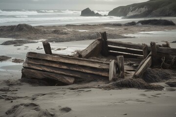 Weathered timber abandoned by the sea, solitary in a blank space. Generative AI