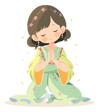 little girl show praying pose and feel peace cartoon illustration.
