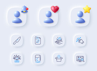 Seo analytics, Water cooler and Touchscreen gesture line icons. Placeholder with 3d bell, star, heart. Pack of Knife, Send box, Skin care icon. Canister, Online voting pictogram. Vector