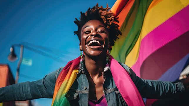 Radiant Pride: Queer Person Smiling With Pride Flag Embracing Joy and Unity. Generative AI 10