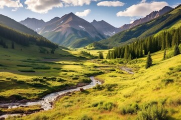 Scenic view of San Juan mountains in Silverton, Colorado during a summer morning with meadow valley and forest. Generative AI - obrazy, fototapety, plakaty