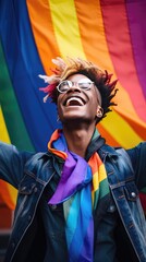 Fototapeta premium Radiant Pride: Queer Person Smiling With Pride Flag Embracing Joy and Unity. Generative AI 5