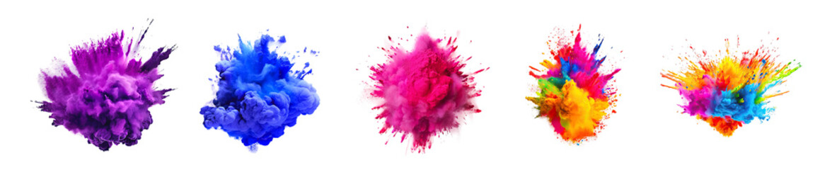 Powerful explosions of colorful rainbow holi powder on a transparent background. Collection of saturated paint backdrops, powder splash.