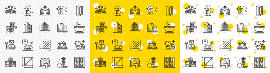 Outline Sports arena, Square meter and Enterprise line icons pack for web with Open door, Buildings, Skyscraper buildings line icon. Lighthouse, Lounge, New house pictogram icon. Vector