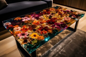 Table made of resin adorned with colorful flowers. Generative AI