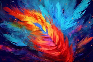 Vibrant firebird feather on abstract backdrop. Generative AI