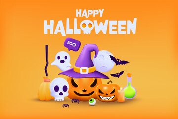 Fototapeta premium 3D Halloween Background template with Happy Halloween text. Halloween design element In 3D and plastic cartoon style. Halloween pumpkin 3D style for poster, banner, greeting card. Vector 3d