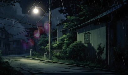 a quiet street corner, a horror atmosphere accompanied by rain with bright street lights