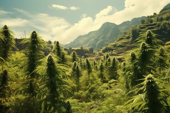 A picture showing a flourishing cannabis field used for medicinal purposes. Generative AI