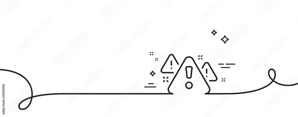 Poster warning line icon. continuous one line with curl. attention triangle sign. caution alert symbol. war