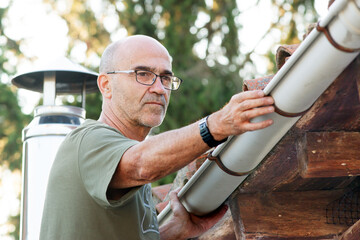 bricklayer construction worker on metalic staircase to repair old tile roof and pvc gutters for...