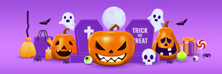 3D Halloween Background template with place for text. Halloween design element In 3D and plastic cartoon style. Halloween pumpkin 3D style for poster, banner, greeting card. Vector 3d