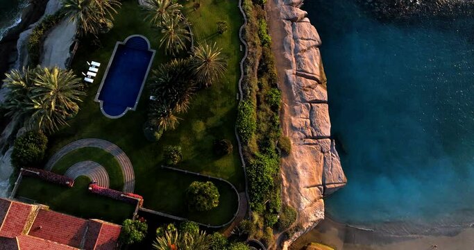 Beautiful aerial view of island Tenerife Spain, Canary Islands. Ocean, sea, pool, beach. Amazing landscape to Playa del Duque. 