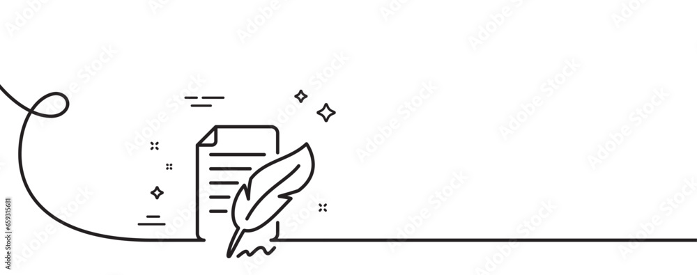 Poster feather signature line icon. continuous one line with curl. copywriting sign. feedback symbol. feath
