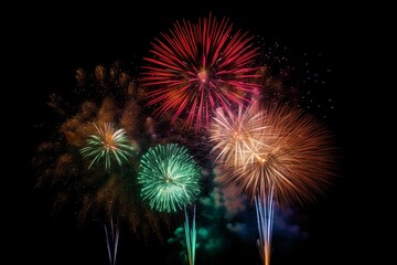 Vivid fireworks bursting in the air. Generative AI