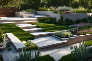 A contemporary garden design with a stone terrace, grass, and herbs