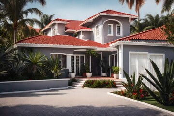 A House with red tiled roof, white trim on gray walls, and a front lawn with lots of palm trees and tropical plants.jpg - obrazy, fototapety, plakaty