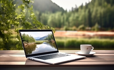 Fototapeta premium Wooden table with laptop white screen and a cup of coffee, complemented by a vibrant potted plant blurred background. generative AI