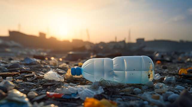 Sad view of a landfill. Environmental disaster that needs to be stopped. Plastic bottles and toxic waste never decompose