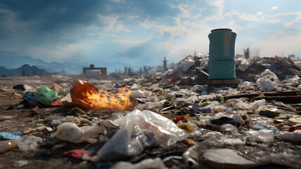 Sad view of a landfill. Environmental disaster that needs to be stopped. Fire of plastic bottles and toxic waste never decompose