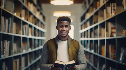 stockphoto, copy space, Black man in a library holding a book. light colored interior, The background consists of bookshelves filled with books. Education theme. Literature.