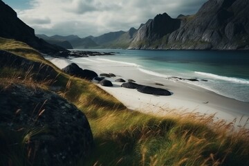 Beautiful landscape with a serene beach nestled amidst picturesque mountains in Lofoten. Generative AI - obrazy, fototapety, plakaty
