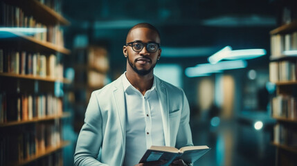 stockphoto, copy space, Black man in a library holding a book. light colored interior, The background consists of bookshelves filled with books. Education theme. Literature. - obrazy, fototapety, plakaty