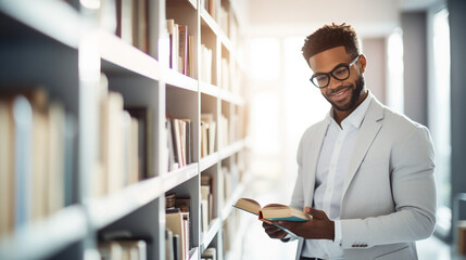 stockphoto, copy space, Black man in a library holding a book. light colored interior, The background consists of bookshelves filled with books. Education theme. Literature.