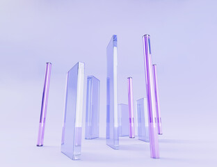 Glass rectangle plates and crystal pillars on abstract purple background 3d render. Transparent iridescent vertical geometric shapes, clear long figures with hologram gradient texture. 3D illustration