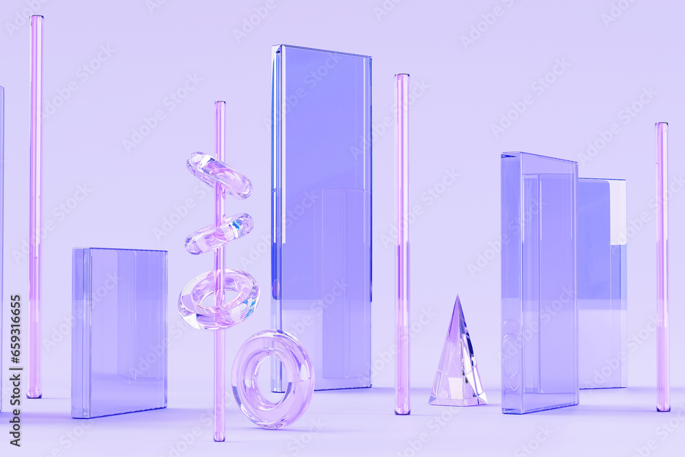 Aufkleber 3d render glass rectangle blocks with crystal pillars, rings and triangle on purple abstract backgro