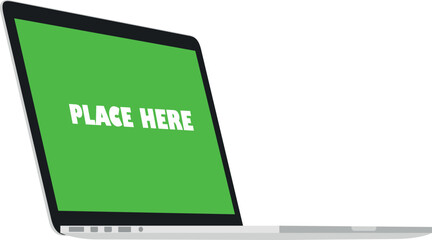 LAPTOP GREEN SCREEN PERSPECTIVE VIEW SIDE VIEW GREEN SCREEN ON WHITE BACKGROUND VECTOR ILLUSTRATION