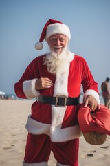 Obraz premium Close up of Santa Claus on the sandy beach. Sunny day, sea and blue sky.