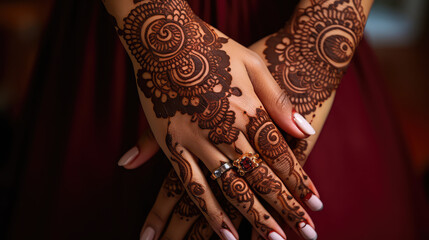 Women hands in traditional mehendi henna. Henna drawings on female skin of hand, custom and tradition. 
