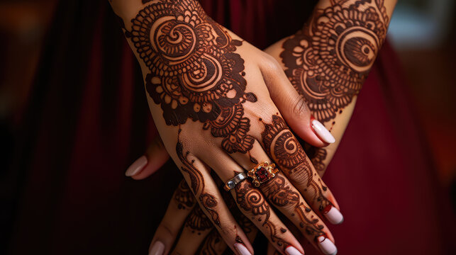 Women hands in traditional mehendi henna. Henna drawings on female skin of hand, custom and tradition. 