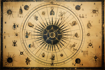 An intricate astrological chart with zodiac symbols