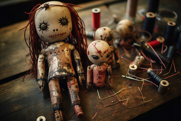 Voodoo dolls with pins stuck in them share space with various charms and amulets on a weathered wooden table